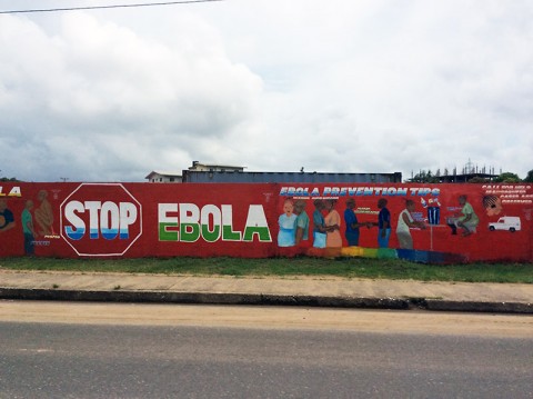 A banner found on the outskirts of Monrovia, Liberia, during the Ebola outbreak that affected thousands of Liberians in 2014 and 2015. In October 2014 during the peak of the outbreak, Rivera deployed to hammer out leases and land-use agreements for Operation United Assistance, a humanitarian assistance mission aimed to combat the Ebola crisis in Liberia. (Courtesy Photo)