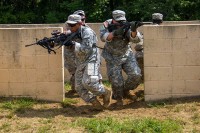 Soldiers from 1st Platoon, Company A, 1st Battalion, 26th Infantry Regiment, 2nd Brigade Combat Team, 101st Airborne Division (Air Assault), rehearse room clearing procedures and tactics, learning how to communicate together at Fort Campbell, KY, July 27, 2015. Room clearing procedures fall under urban operations. (Staff Sgt. Terrance D. Rhodes, 2nd Brigade Combat Team, 101st Airborne Division (Air Assault) Public Affairs)