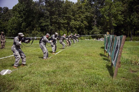 Soldiers from 2nd Platoon, Company A, 1st Battalion, 26th Infantry Regiment, 2nd Brigade Combat Team, 101st Airborne Division (Air Assault), conduct ready up drills at Fort Campbell, KY, July 27, 2015. Ready up drills are the building blocks for effective short-range, rapid-engagement shooting techniques. (Staff Sgt. Terrance D. Rhodes, 2nd Brigade Combat Team, 101st Airborne Division (Air Assault) Public Affairs)