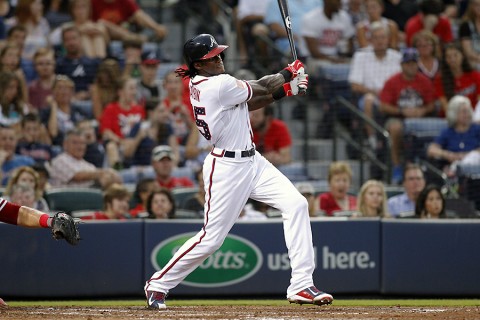 Atlanta Braves center fielder Cameron Maybin (25) hits a RBI single against the Philadelphia Phillies in the fourth inning at Turner Field. (Brett Davis-USA TODAY Sports)