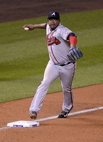 Atlanta Braves third baseman Juan Uribe (2) turns a double play in the fourth inning against the Colorado Rockies at Coors Field. (Ron Chenoy-USA   TODAY Sports)