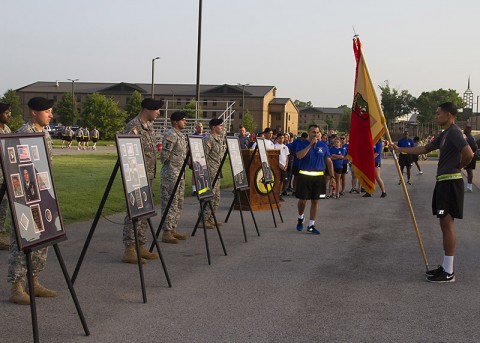 Lt. Col. Alexander Gallegos, commander of the 101st Special Troops Battalion, 101st Sustainment Brigade, 101st Airborne Division, speaks to his battalion and Gold Star and surviving families and friends after the Fourth Annual Gamberi and Gold Star Family Memorial Run at Fort Campbell, Ky., July 10. (Sgt. 1st Class Mary Rose Mittlesteadt, 101st Sustainment Brigade, 101st Airborne Division (Air Assault) Public Affairs)