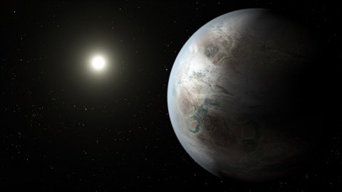 This artist's concept depicts one possible appearance of the planet Kepler-452b, the first near-Earth-size world to be found in the habitable zone of star that is similar to our sun. ( NASA Ames/JPL-Caltech)