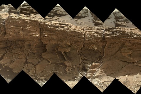 A rock outcrop dubbed "Missoula," near Marias Pass on Mars, is seen in this image mosaic taken by the Mars Hand Lens Imager on NASA's Curiosity rover. (NASA/JPL-Caltech/MSSS)