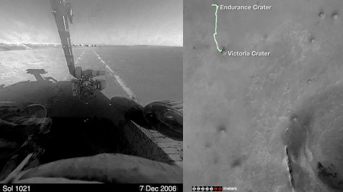 Road trip! This compilation of images from hazard-avoidance cameras on NASA's Mars Exploration Rover Opportunity between January 2004 and April 2015 shows the rover's-eye-view of the Martian marathon covering 26.2 miles(42.2 kilometers) from its landing location. A map of the rover's path is on the right. (NASA)