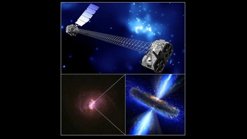 A montage of images showing an artist's concept of NuSTAR (top); a color image of one of the galaxies targeted by NuSTAR (lower left); and artist's concept of a hidden black hole. (Top: NASA/JPL-Caltech. Lower-left: Hubble Legacy Archive, NASA, ESA. Bottom-right: NASA/ESA)