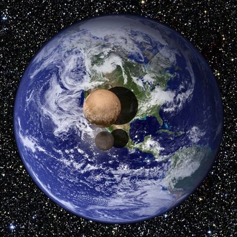 This graphic presents a view of Pluto and Charon as they would appear if placed slightly above Earth's surface and viewed from a great distance. Recent measurements obtained by New Horizons indicate that Pluto has a diameter of 2370 km, 18.5% that of Earth's, while Charon has a diameter of 1208 km, 9.5% that of Earth's.