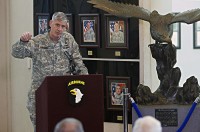 Gen. David M. Rodriguez, commanding general, U.S. Africa Command, speaks to the crowd during the Joint Meritorious Unit Award presentation ceremony at McAuliffe Hall August 27, 2015. The JMUA, the second most prestigious award a unit can receive, was presented to the 101st Airborne Division for their humanitarian mission during the Ebola epidemic in Liberia. (Sgt. William White, 101st Airborne Division Public Affairs)