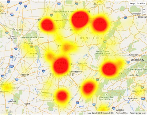 AT&T Internet Outage Map - August 4th, 2015. (DownDetector.com)