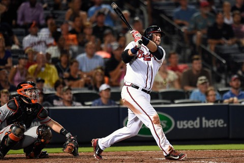 Atlanta Braves catcher A.J. Pierzynski (15) watches his game tying two run home run along with San Francisco Giants catcher   Buster Posey (28) during the ninth inning at Turner Field. (Dale Zanine-USA TODAY Sports)