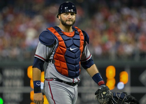 Atlanta Braves catcher A.J. Pierzynski (15) in a game against the Philadelphia Phillies at Citizens Bank Park. The Phillies   won 9-3. (Bill Streicher-USA TODAY Sports)