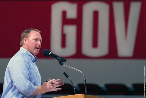 Austin Peay athletics Director Ryan Ivey speaks to student athletes returning to campus. (APSU Sports Information)