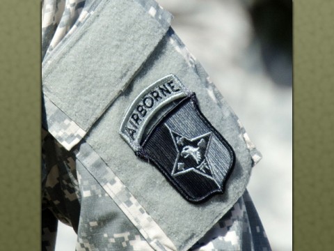 A Soldier wears the 101st Sustainment Brigade, 101st Airborne Division (Air Assault), patch before the brigade cased its colors and uncased new colors in a ceremony to symbolized the brigade’s re-designation as the 101st Abn. Div. Sust. Bde., July 30, 2015, at Fort Campbell, Ky. It also served as a patching ceremony, where the Soldiers of the 'Lifeliners' Brigade donned the very familiar 'Old Abe,' the 101st Abn. Div. patch. (Spc. Joseph Green, 101st Sustainment Brigade, 101st Airborne Division (Air Assault) Public Affairs) A Soldier wears the 101st Sustainment Brigade, 101st Airborne Division (Air Assault), patch before the brigade cased its colors and uncased new colors in a ceremony to symbolized the brigade’s re-designation as the 101st Abn. Div. Sust. Bde., July 30, 2015, at Fort Campbell, Ky. It also served as a patching ceremony, where the Soldiers of the 'Lifeliners' Brigade donned the very familiar 'Old Abe,' the 101st Abn. Div. patch. (Spc. Joseph Green, 101st Sustainment Brigade, 101st Airborne Division (Air Assault) Public Affairs)