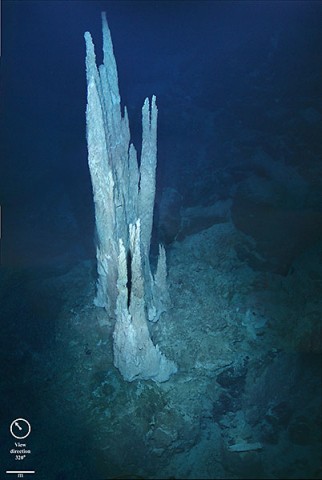 This image from the floor of the Atlantic Ocean shows a collection of limestone towers known as the "Lost City." Alkaline hydrothermal vents of this type are suggested to be the birthplace of the first living organisms on the ancient Earth. (D. Kelley and M. Elend/University of Washington)