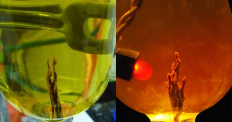 Researchers created "chemical gardens" -- chimney-like structures normally found at bubbling vents on the seafloor -- in the laboratory. (NASA/JPL-Caltech)