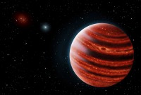Artistic conception of the Jupiter-like exoplanet 51 Eridani b, with the hot layers deep in its atmosphere glowing through the clouds. Because of its young age, this cousin of our own Jupiter is still hot and carries information on the way it was formed 20 million years ago. (Danielle Futselaar and Franck Marchis, SETI Institute)