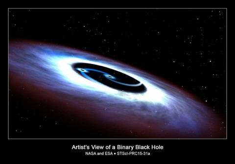 This artistic illustration is of a binary black hole found in the center of the nearest quasar to Earth, Markarian 231. (NASA, ESA, and G. Bacon (STScI))