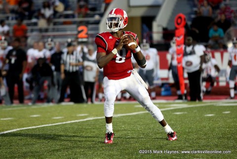 Austin Peay Football quarterback Trey Taylor throws for 208 yards, 2 touchdowns and rushes for 70 yards in loss to Tennessee Tech Saturday. (APSU Sports Information)