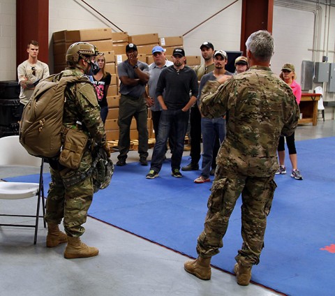 Community leaders from middle Tennessee and southwestern Kentucky receive an orientation to the U.S. Army’s High Altitude Low Opening / High Altitude High Opening parachute system as part of the Green Beret for a Day on Aug. 22, 2015, at Fort Campbell, Ky. (Sgt. Justin Moeller, 5th Special Forces Group (Airborne) Public Affairs Office)