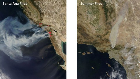 An October 2007 image, left, of Southern California wildfires shows how offshore Santa Ana winds control these events. Wind is less likely to dominate summer fires like the 2009 Station Fire, right. Images from the Moderate Resolution Imaging Spectrometer on NASA's Aqua satellite. (NASA)