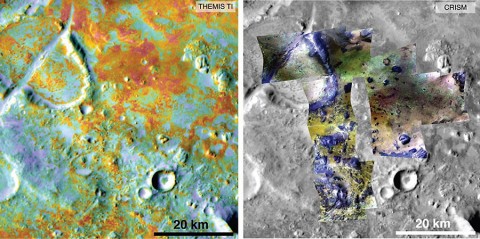 Researchers estimating the amount of carbon held in the ground at the largest known carbonate deposit on Mars used data from five instruments on three NASA Mars orbiters, including physical properties from THEMIS (left) and mineral information from CRISM (right). (NASA/JPL-Caltech/ASU/JHUAPL)