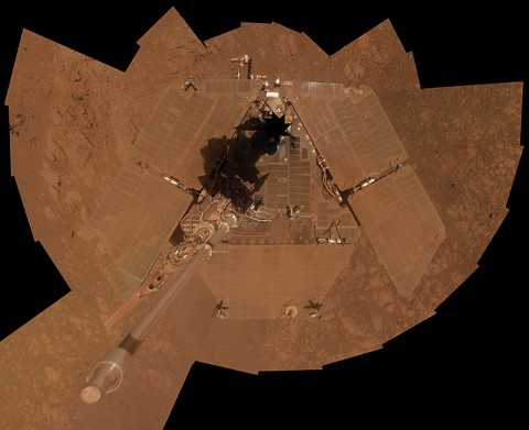 A dust storm on Mars in 2008 temporarily cuts the amount of sunlight reaching the solar array on NASA's Mars Exploration Rover Spirit, leaving the rover in a vulnerable state. (NASA/JPL-Caltech/Cornell)