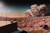 This artists concept illustrates a Martian dust storm, which might also crackle with electricity. (NASA)