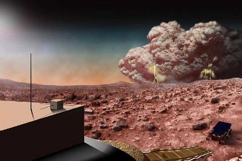 This artists concept illustrates a Martian dust storm, which might also crackle with electricity. (NASA) This artists concept illustrates a Martian dust storm, which might also crackle with electricity. (NASA)