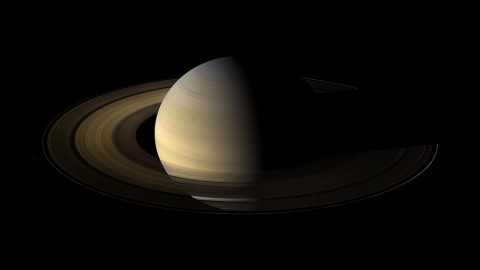 The planet Saturn, viewed by NASA's Cassini spacecraft during its 2009 equinox. Data on how the rings cooled during this time provide insights about the nature of the ring particles. (NASA/JPL/Space Science Institute)