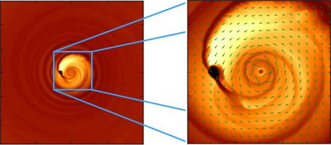 This simulation helps explain an odd light signal thought to be coming from a close-knit pair of merging black holes, PG 1302-102, located 3.5 billion light-years away. (Columbia University)