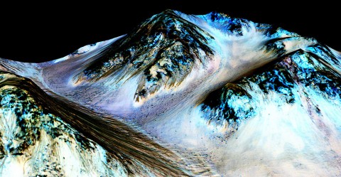 Dark, narrow streaks on Martian slopes such as these at Hale Crater are inferred to be formed by seasonal flow of water on contemporary Mars. The streaks are roughly the length of a football field. (NASA/JPL-Caltech/Univ. of Arizona) Dark, narrow streaks on Martian slopes such as these at Hale Crater are inferred to be formed by seasonal flow of water on contemporary Mars. The streaks are roughly the length of a football field. (NASA/JPL-Caltech/Univ. of Arizona)