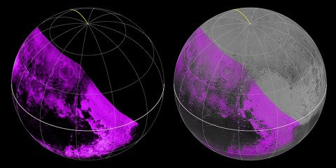 The Ralph/LEISA infrared spectrometer on NASA’s New Horizons spacecraft mapped compositions across Pluto’s surface as it flew by on July 14. On the left, a map of methane ice abundance shows striking regional differences, with stronger methane absorption indicated by the brighter purple colors here, and lower abundances shown in black. Data have only been received so far for the left half of Pluto’s disk. At right, the methane map is merged with higher-resolution images from the spacecraft’s Long Range Reconnaissance Imager (LORRI). (NASA/JHUAPL/SWRI)