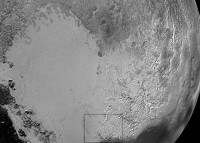 Pluto’s ‘Heart’: Sputnik Planum is the informal name of the smooth, light-bulb shaped region on the left of this composite of several New Horizons images of Pluto. The brilliantly white upland region to the right may be coated by nitrogen ice that has been transported through the atmosphere from the surface of Sputnik Planum, and deposited on these uplands. The box shows the location of the glacier detail images below. (NASA/JHUAPL/SwRI)