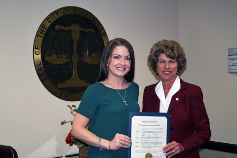 Clarksville Mayor Kim McMillan has proclaimed September as Ovarian Cancer Awareness Month. Clarksville Mayor Kim McMillan has proclaimed September as Ovarian Cancer Awareness Month.