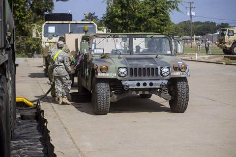 Soldiers stop to fuel up their vehicle before staging them at the ground assault convoy at the intermediate staging base in support of 2nd Brigade Combat Team, 101st Airborne Division’s Joint Readiness Training Center rotation 16-01 at Fort Polk, La., Sept. 24, 2015. The vehicles are stored here until the order is given to move into the training area, simulating a deployed environment. (Staff Sgt. Terrance D. Rhodes, 2nd Brigade Combat Team, 101st Airborne Division (Air Assault) Public Affairs)