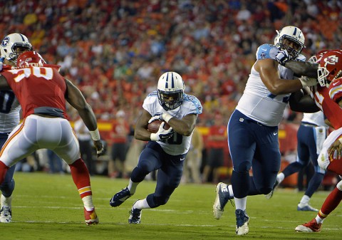 Tennessee Titans running back Bishop Sankey (20) carries the ball against the Kansas City Chiefs in the first half at Arrowhead Stadium. (John Rieger-USA TODAY Sports)