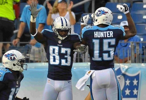 Tennessee Titans wide receiver Harry Douglas (83) celebrates scoring a touchdown against the Minnesota Vikings with wide receiver Justin Hunter (15) during the first half at Nissan Stadium. (Jim Brown-USA TODAY Sports)