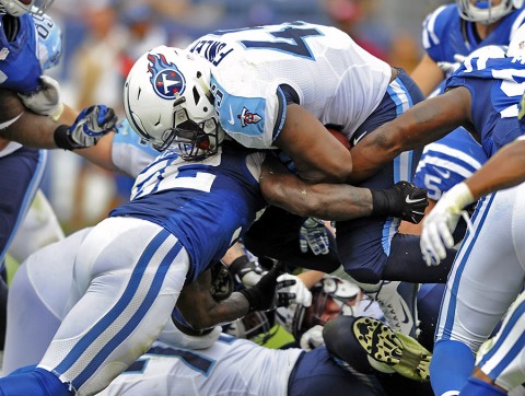 Tennessee Titans full back Jalston Fowler (45) scores during the second half against the Indianapolis Colts at Nissan Stadium. The Colts won 35-33. (Christopher Hanewinckel-USA TODAY Sports)