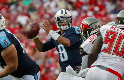 Tennessee Titans quarterback Marcus Mariota (8) throws the ball against the Tampa Bay Buccaneers during the second half at Raymond James Stadium. Tennessee Titans defeated the Tampa Bay Buccaneers 42-14. (Kim Klement-USA TODAY Sports)