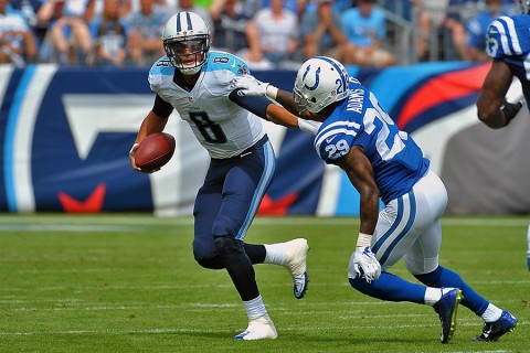 Tennessee Titans quarterback Marcus Mariota (8) scrambles to avoid Indianapolis Colts strong safety Mike Adams (29) during the first half at Nissan Stadium. (Jim Brown-USA TODAY Sports) Tennessee Titans quarterback Marcus Mariota (8) scrambles to avoid Indianapolis Colts strong safety Mike Adams (29) during the first half at Nissan Stadium. (Jim Brown-USA TODAY Sports)