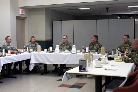 Gen. Mark A. Milley, center, the 39th chief of staff of the Army, and Maj. Gen. Gary J. Volesky, center-right, the commanding general of the 101st Airborne Division (Air Assault) and Fort Campbell, sit down for a brief luncheon with senior leaders at Fort Campbell, Ky., Sept. 11, 2015. Milley discussed a range of issues facing the force, but he focused on his top priority – readiness of the force. (Sgt. 1st Class Nathan Hoskins, 101st Airborne Division (Air Assault) Public Affairs)