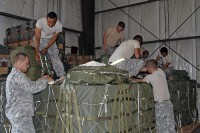 Soldiers from the 101st Airborne Division Sustainment Brigade and 2nd Brigade Combat Team, 101st Airborne Division (Air Assault) prepare aerial delivery bundles Sept. 30, 2015, at England Airfield in Alexandria, La. Delivery bundles will ensure Soldiers, with the 2nd Brigade Combat Team, 101st Airborne Division (Air Assault), in training areas receive supplies to conduct various missions for Soldier readiness and mission success during their Joint Readiness Training Center rotation at Fort Polk, LA. (Sgt. 1st Class Mary Rose Mittlesteadt, 101st Airborne Division Sustainment Brigade public affairs)