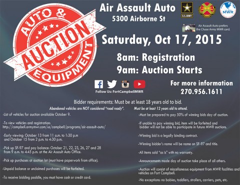 Fort Campbell Abandoned Vehicle and MWR Equipment Open Bid Auction