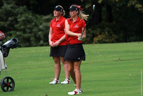 With Austin Peay Women's Golf head coach Sara Robson observing, Jessica Cathey fires a shot on the final hole, Monday, in the F&M Bank APSU Intercollegiate. (APSU Sports Information)