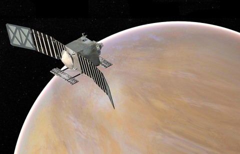 Artist's concept of the Venus Emissivity, Radio Science, InSAR, Topography, and Spectroscopy (Veritas) spacecraft, a proposed mission for NASA's Discovery program. (NASA/JPL-Caltech)