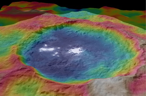 This view, made using images taken by NASA's Dawn spacecraft, is a color-coded topographic map of Occator crater on Ceres. (NASA/JPL-Caltech/UCLA/MPS/DLR/IDA) This view, made using images taken by NASA's Dawn spacecraft, is a color-coded topographic map of Occator crater on Ceres. (NASA/JPL-Caltech/UCLA/MPS/DLR/IDA)
