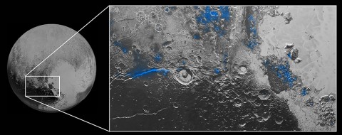 Water Ice on Pluto: Regions with exposed water ice are highlighted in blue in this composite image from New Horizons' Ralph instrument, combining visible imagery from the Multispectral Visible Imaging Camera (MVIC) with infrared spectroscopy from the Linear Etalon Imaging Spectral Array (LEISA). The strongest signatures of water ice occur along Virgil Fossa, just west of Elliot crater on the left side of the inset image, and also in Viking Terra near the top of the frame. (NASA/JHUAPL/SwRI) Water Ice on Pluto: Regions with exposed water ice are highlighted in blue in this composite image from New Horizons' Ralph instrument, combining visible imagery from the Multispectral Visible Imaging Camera (MVIC) with infrared spectroscopy from the Linear Etalon Imaging Spectral Array (LEISA). The strongest signatures of water ice occur along Virgil Fossa, just west of Elliot crater on the left side of the inset image, and also in Viking Terra near the top of the frame. (NASA/JHUAPL/SwRI)