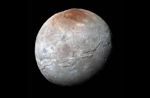 Charon in Enhanced Color NASA's New Horizons captured this high-resolution enhanced color view of Charon just before closest approach on July 14, 2015. The image combines blue, red and infrared images taken by the spacecraft’s Ralph/Multispectral Visual Imaging Camera (MVIC); the colors are processed to best highlight the variation of surface properties across Charon. (NASA/JHUAPL/SwRI)