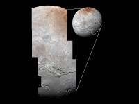 High-resolution images of Charon were taken by the Long Range Reconnaissance Imager on NASA’s New Horizons spacecraft, shortly before closest approach on July 14, 2015, and overlaid with enhanced color from the Ralph/Multispectral Visual Imaging Camera (MVIC). Charon’s cratered uplands at the top are broken by series of canyons, and replaced on the bottom by the rolling plains of the informally named Vulcan Planum. (NASA/JHUAPL/SwRI)