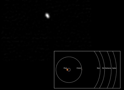 This Long Range Reconnaissance Imager (LORRI) composite image of Pluto’s smallest moon, Styx, was taken July 14, 2015, when the New Horizons spacecraft was 391,000 miles (631,000 kilometers) from the tiny moon. The image reveals a highly-elongated satellite, roughly 4.5 miles [7 kilometers] across in its longest dimension and 3 miles [5 kilometers] in its shortest dimension. For context, the orbits of Pluto’s moons are shown above. (NASA/JHUAPL/SwRI)